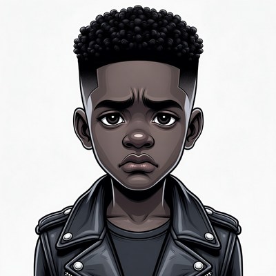 Sad African-American boy in leather jacket