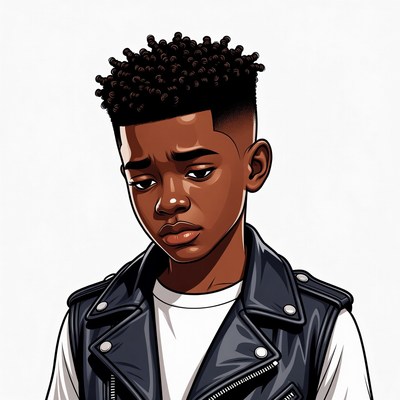 Sad African-American boy in leather vest