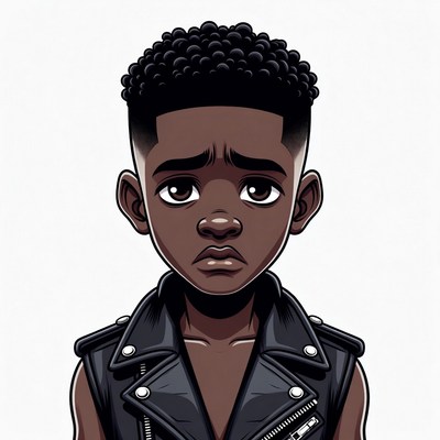 Sad African-American boy in leather vest