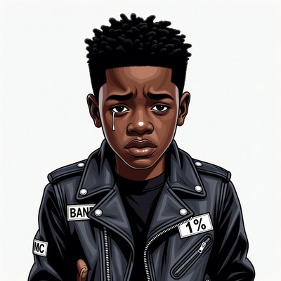 Sad African-American boy in biker jacket