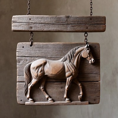 Carved wooden horse sign