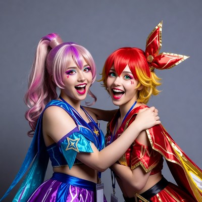 Two women in colorful cosplay costumes