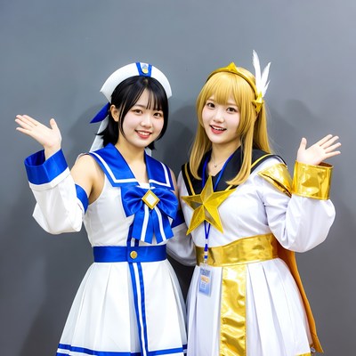 Two women in blue and gold cosplay outfits