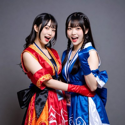 Two Asian women in red and blue cosplay outfits