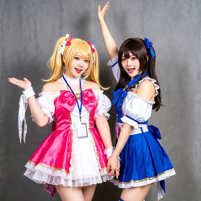 Two girls in pink and blue cosplay outfits
