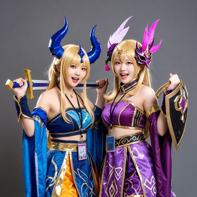 Two women in blue and purple cosplay costumes