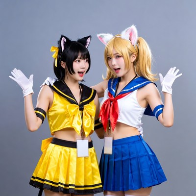 Two girls in yellow and blue cat ear sailor cosplay