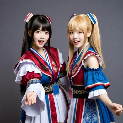 Two Asian girls in red white cosplay costumes