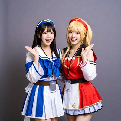 Two girls in blue and red sailor uniforms