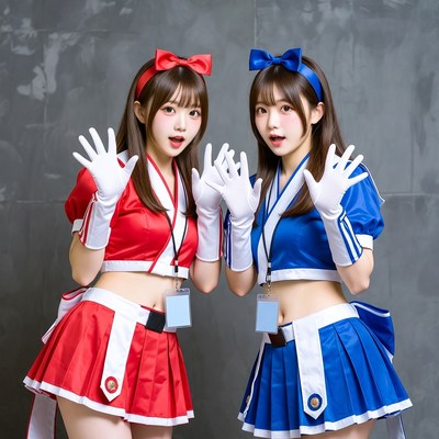 Twin girls in red blue cheerleader outfits