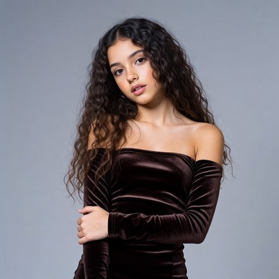 Young woman in off-shoulder velvet dress