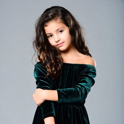 Girl in green velvet off-shoulder dress