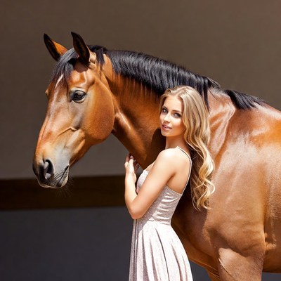 Blonde woman hugging brown horse