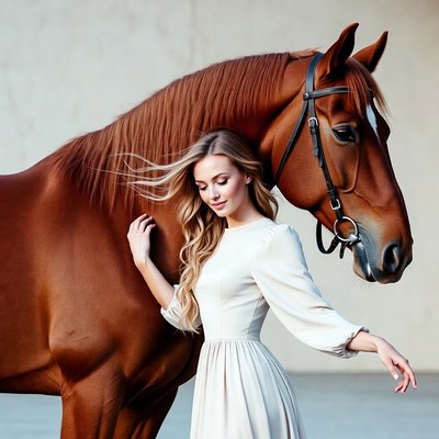 Blonde woman hugging brown horse