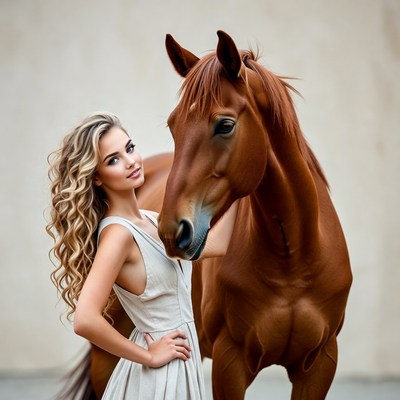 Blonde woman hugging horse