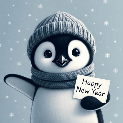 Cute penguin holding Happy New Year sign