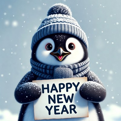 Penguin holding Happy New Year sign