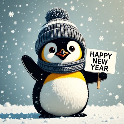 Cute Penguin Holding Happy New Year Sign