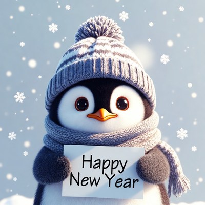 Cute Penguin Holding Happy New Year Sign