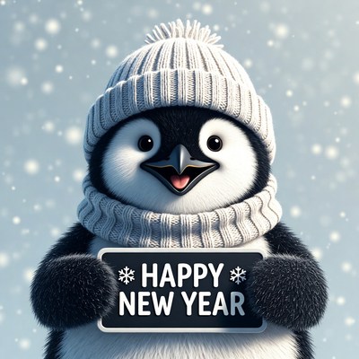 Penguin holding Happy New Year sign