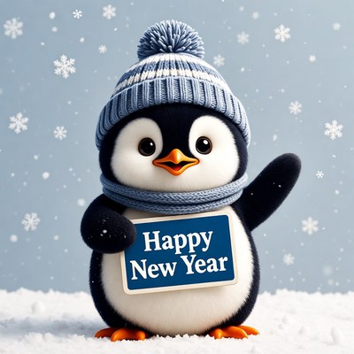 Penguin holding Happy New Year sign