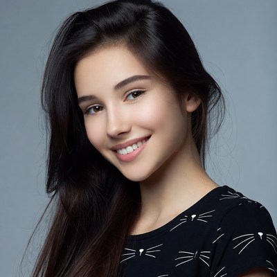 Smiling young woman in black cat top