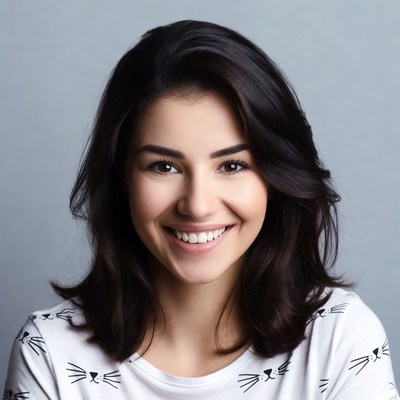 Smiling woman in cat t-shirt