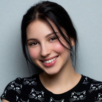 Smiling woman in black cat shirt