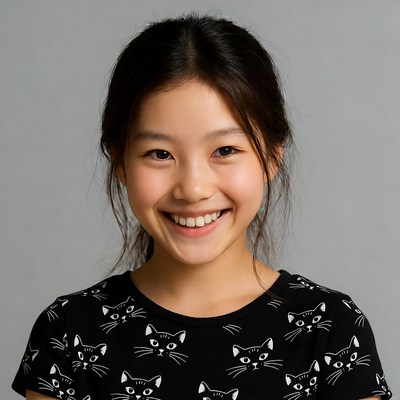 Asian girl smiling in cat shirt