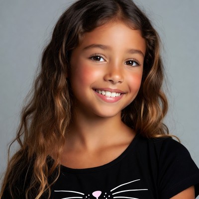 Smiling girl in cat shirt