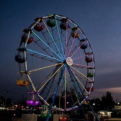 Colorful Lit Ferris Wheel at Night