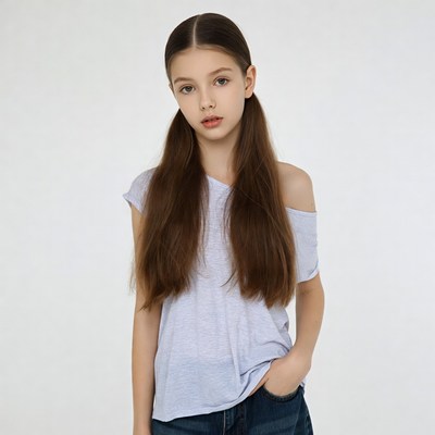 Girl with pigtails in gray top