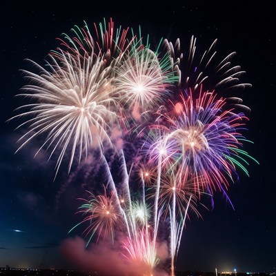 Colorful Fireworks Exploding at Night