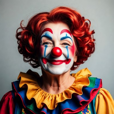 Smiling female clown with red hair