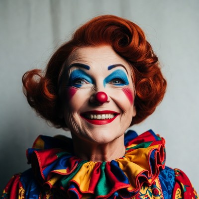 Smiling female clown with red hair