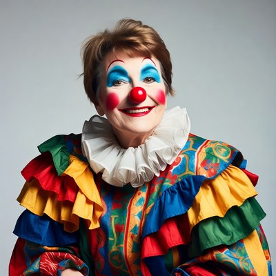 Smiling female clown in colorful costume