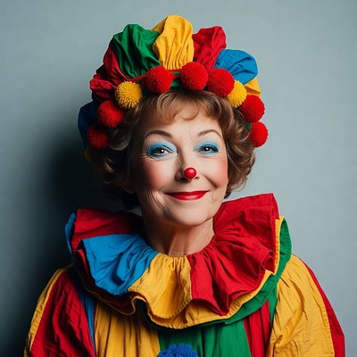 Smiling female clown with pom poms