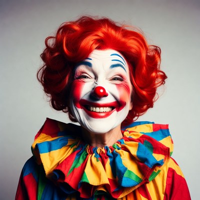 Smiling female clown with red hair