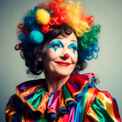 Smiling female clown with colorful wig