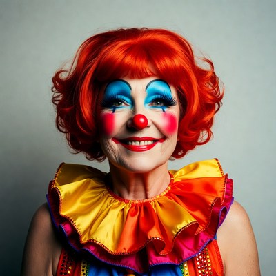 Smiling female clown with red wig