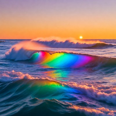 Rainbow Waves Crashing at Sunset