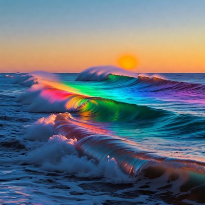 Rainbow Waves Crashing at Sunset