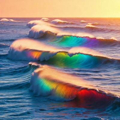 Rainbow Waves Crashing at Sunset
