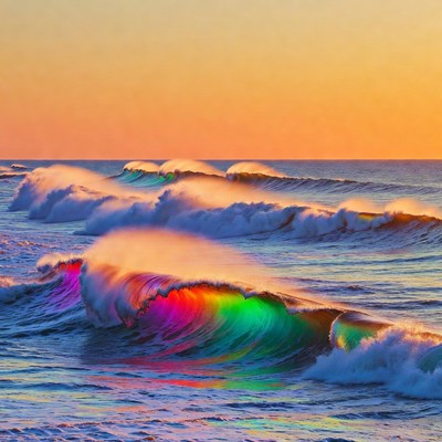 Colorful Rainbow Waves Crashing Ocean
