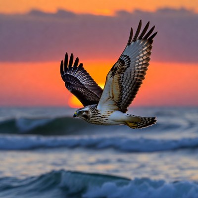 Hawk Flying Over Ocean at Sunset