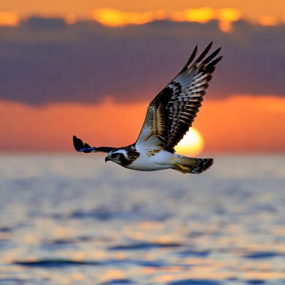 Osprey Flying at Sunset over Water