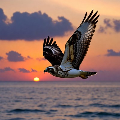 Bat Hawk Flying at Sunset over Ocean