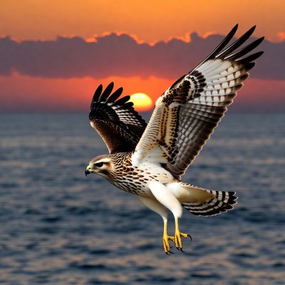 Red-tailed Hawk Flying at Sunset