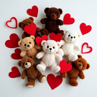 Teddy bears surrounded by red hearts
