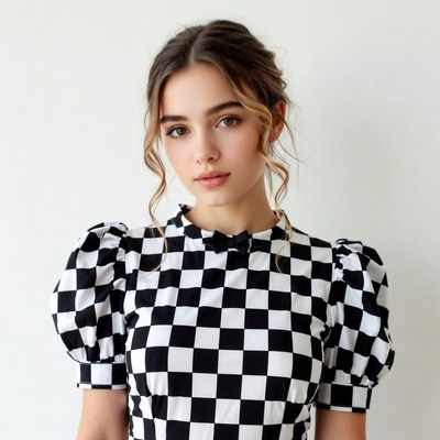 Woman in checkered puff sleeve top